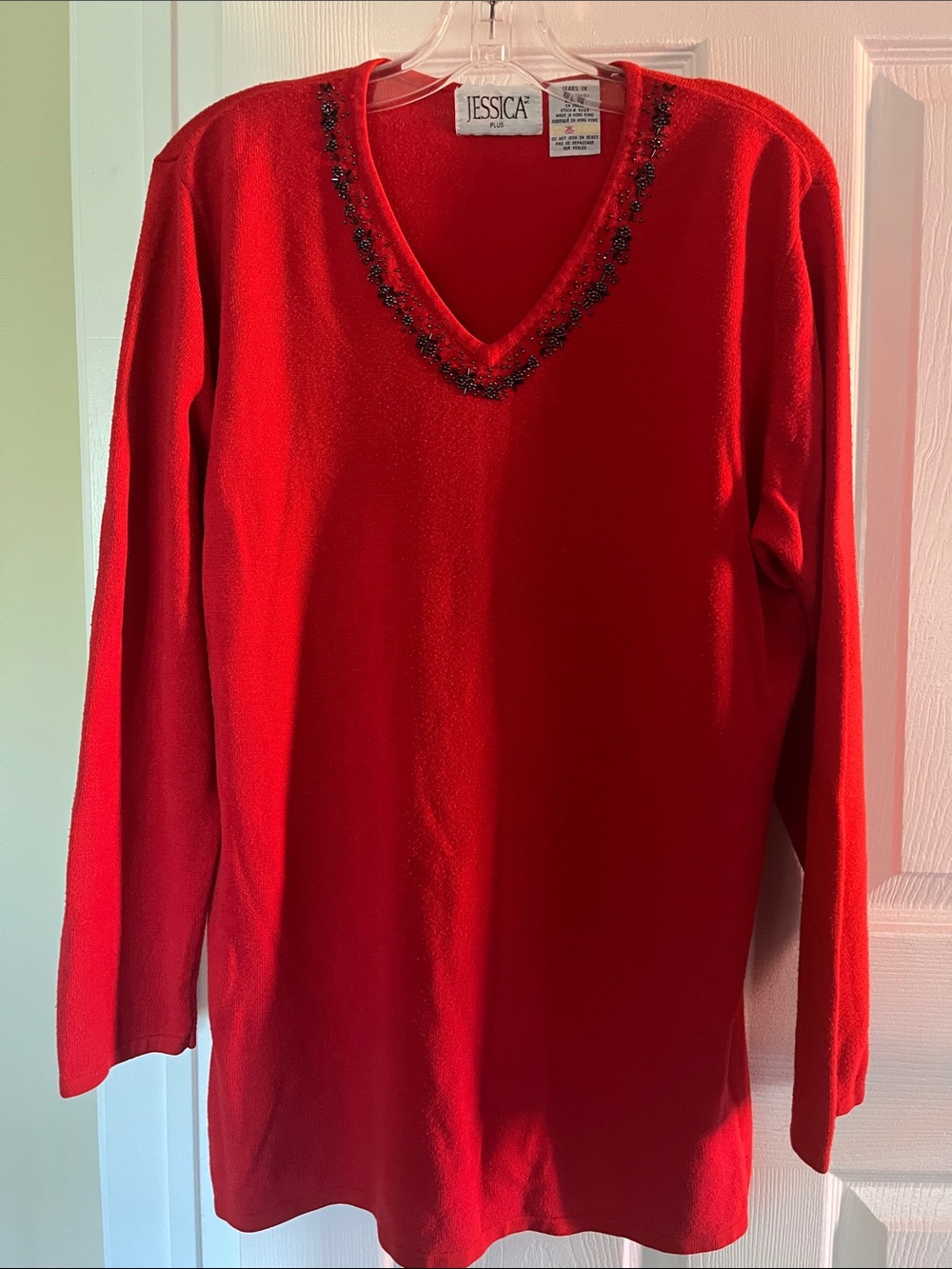 Jessica Red V-Neck Beaded Knit Top